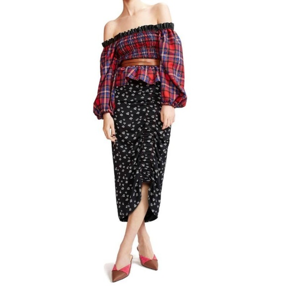 Tanya Taylor Red Multi Plaid Smocked Crop Blouse - Picture 3 of 7